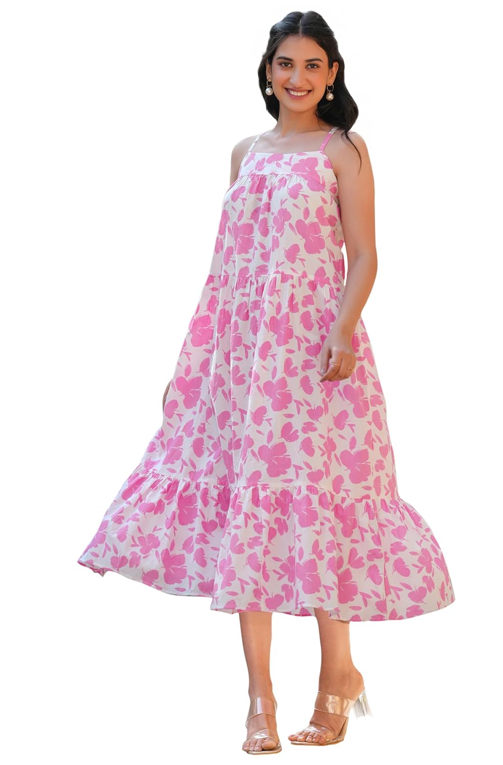 Women's Pink Pure Cotton Abstract Printed Tiered Dress